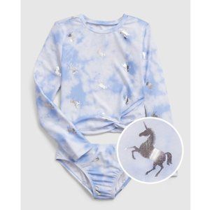 GAP Kids Girls XS Blue Tie Dye Unicorn Twist Long Sleeve Swimsuit Rashguard 2 pc